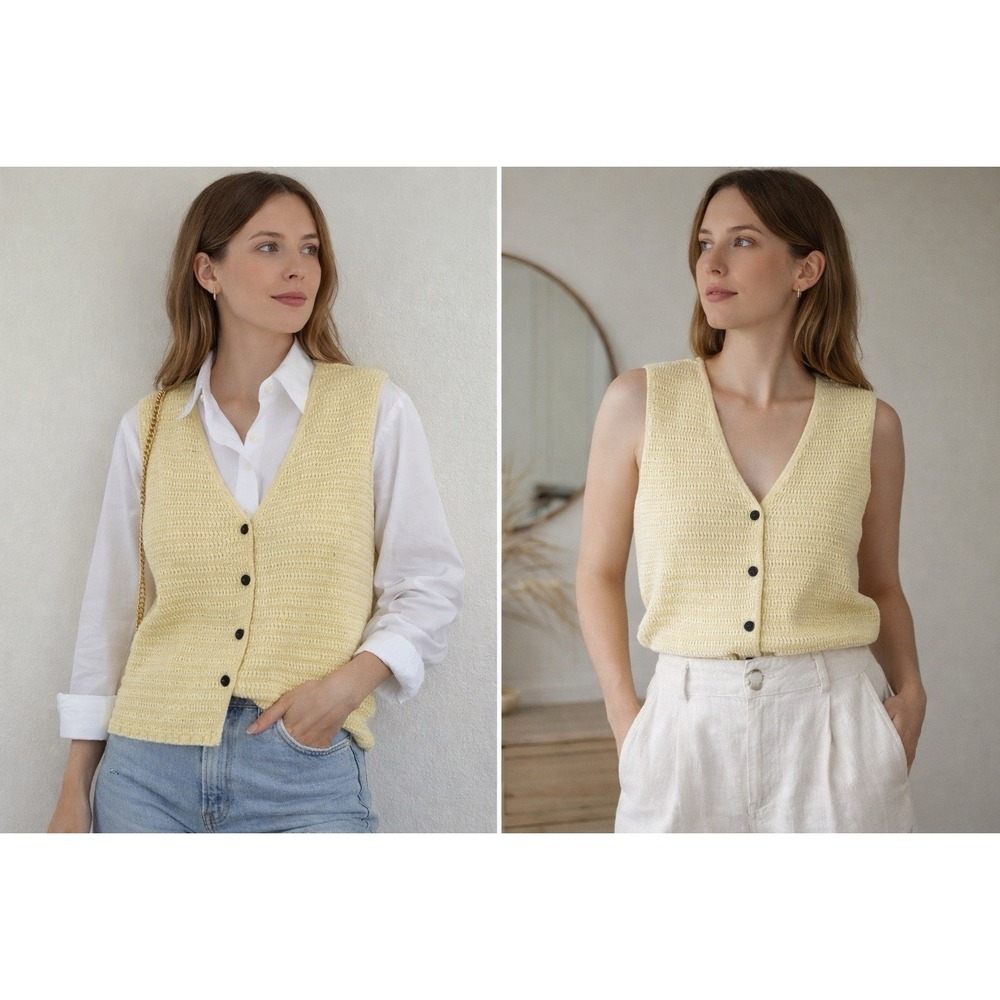 90s PA Company Boston Waffle‎ Knit Sweater Vest Yellow USA Size S M